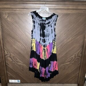 India Boutique Dress Free Size Colorful Tie Dye Embroidered Flowy Dress